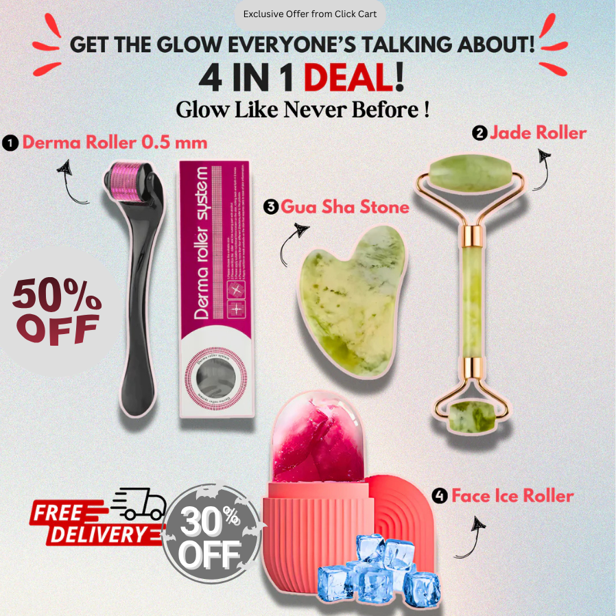 4-in-1 Skin Glow Kit – Ice Roller, Jade Roller, Derma Roller & Gua Sha Set