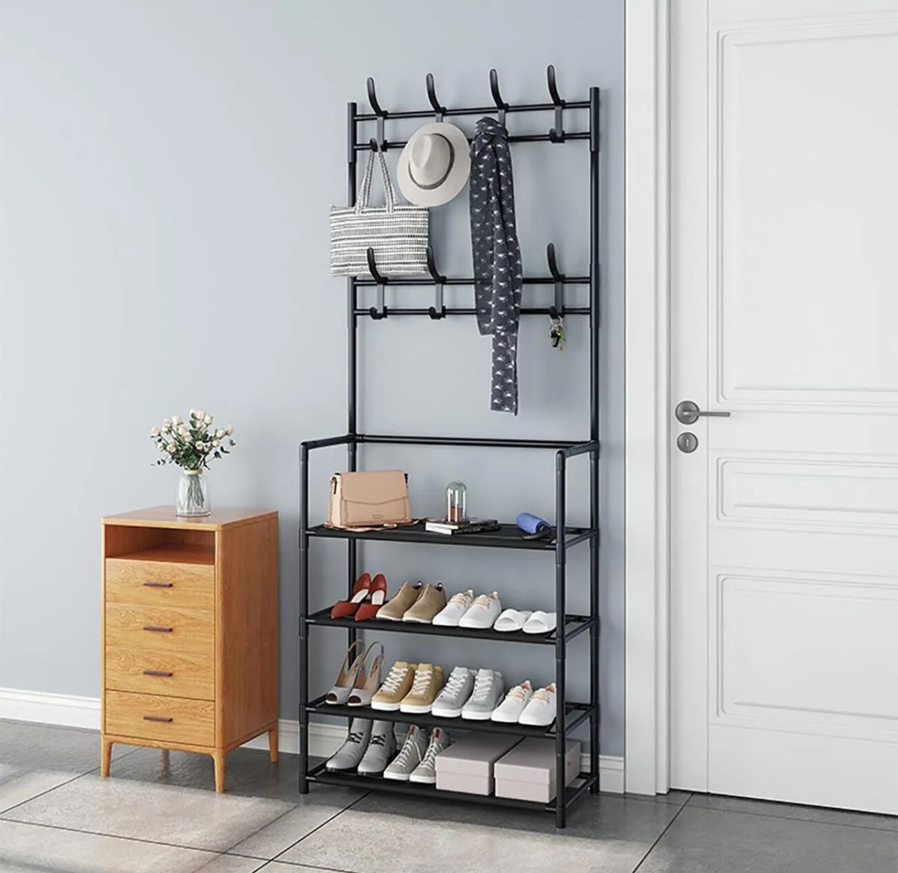 Multi-Function 4-Tier Shoe Rack with Side Hanger β Clothes & Shoe Storage Organizer for Entryway & Living Room