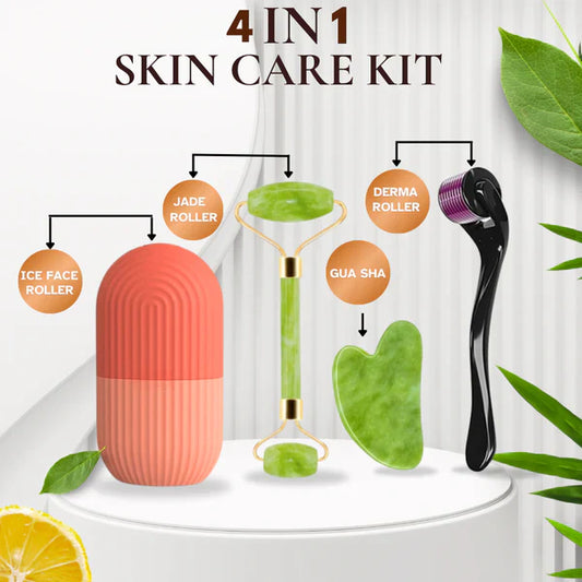 4-in-1 Skin Glow Kit – Ice Roller, Jade Roller, Derma Roller & Gua Sha Set