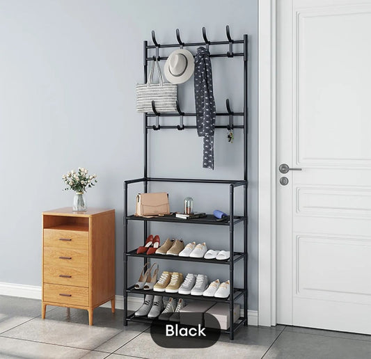Multi-Function 4-Tier Shoe Rack with Side Hanger – Clothes & Shoe Storage Organizer for Entryway & Living Room